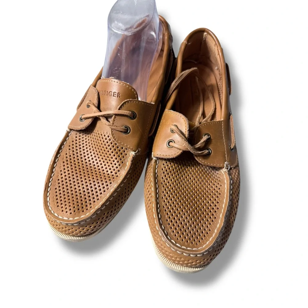 Tommy Hilfiger Mens Leather Perforated Boat Shoes Tan Size 13 BOWMAN